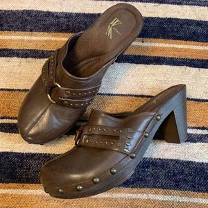 Vintage Y2K 90's Clogs Heeled Leather Studded Slip-ons Mules Brown 7M Platform